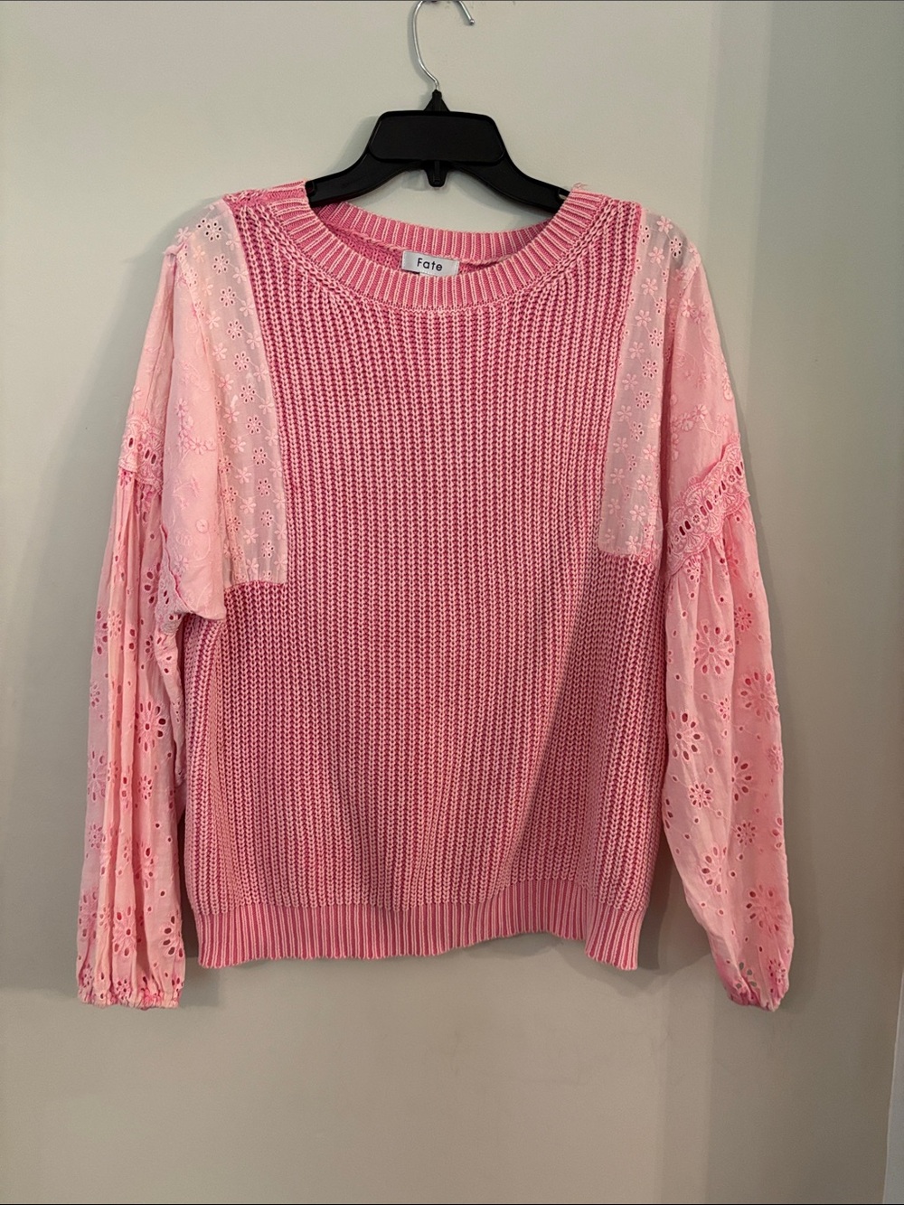 Fate Bubblegum Pink Eyelet Balloon Sleeve Sweater